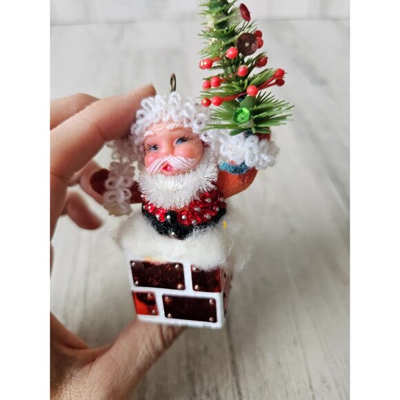 Vintage flocked Santa skier plastic chimney tree ornament beaded Xmas Santa with - Picture 9 of 15